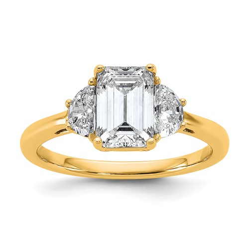 14K Yellow Gold 2 Carat Certified Lab Grown Diamond VS+ F+ Complete Emerald and Half Moon Three Stone Engagement Ring