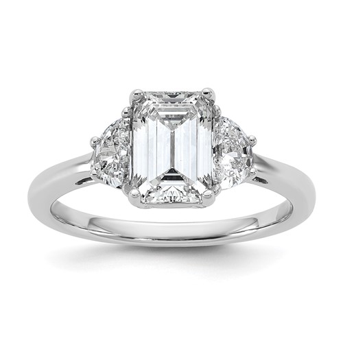 14K White Gold 0.50 Carat Lab Grown Diamond VS+ F+ Semi Mount Emerald and Half Moon Three Stone Engagement Ring