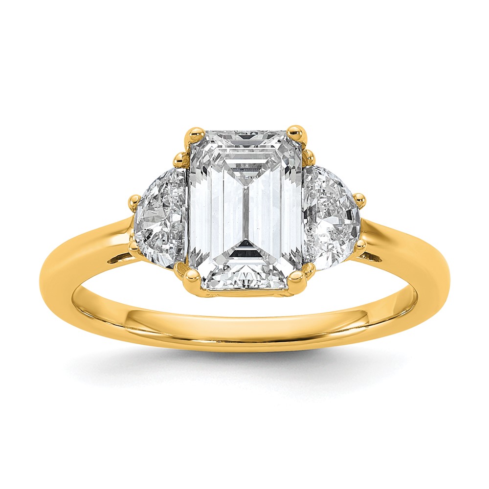 14K Yellow Gold 0.50 Carat Lab Grown Diamond VS+ F+ Semi Mount Emerald and Half Moon Three Stone Engagement Ring