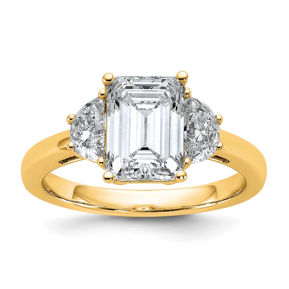 14K Yellow Gold 2.50 Carat Certified Lab Grown Diamond VS+ F+ Complete Emerald and Half Moon Three Stone Engagement Ring