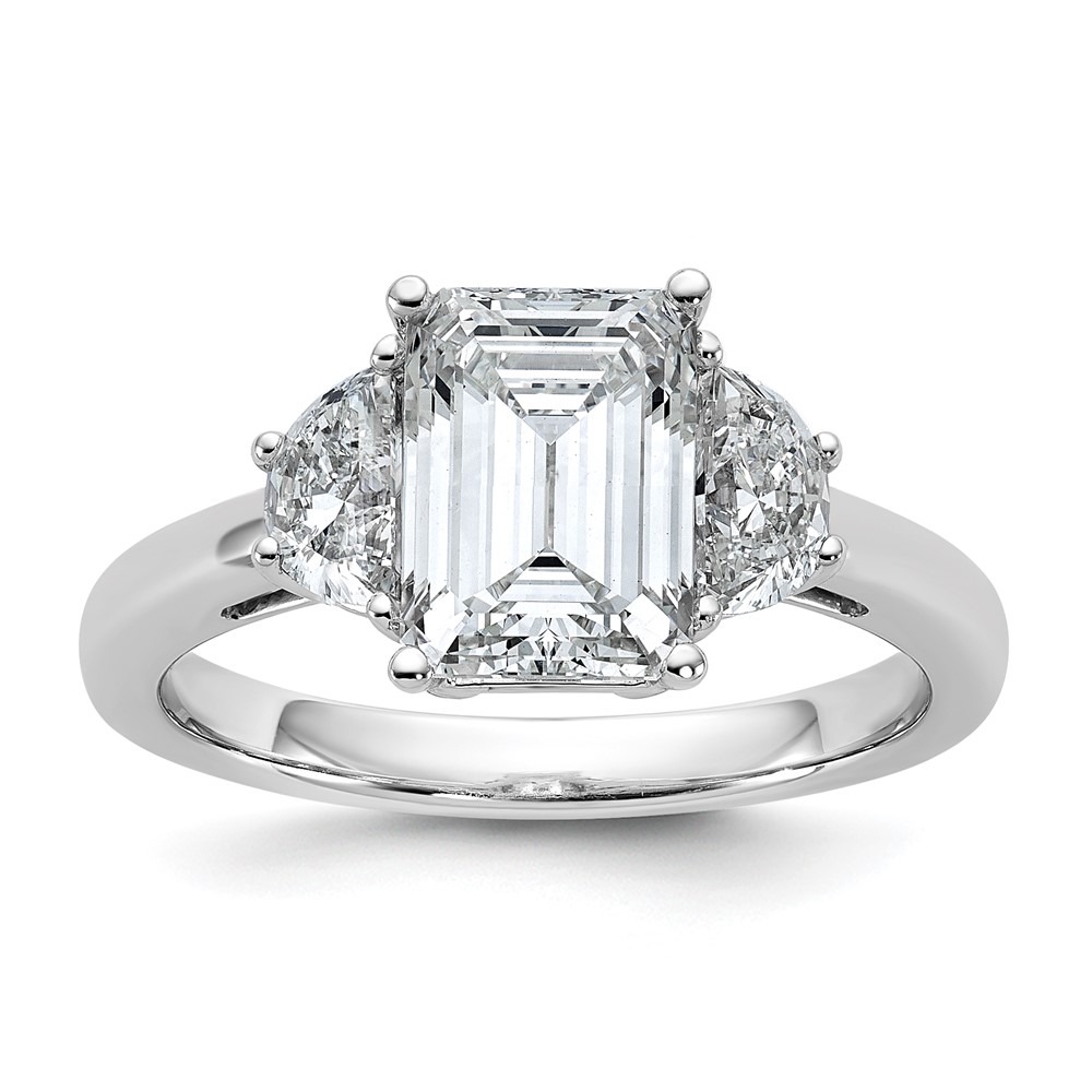 14K White Gold 0.50 Carat Lab Grown Diamond VS+ F+ Semi Mount Emerald and Half Moon Three Stone Engagement Ring