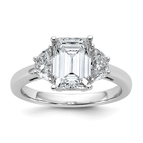 14K White Gold 0.50 Carat Lab Grown Diamond VS SI+ G+ Semi Mount Emerald and Half Moon Three Stone Engagement Ring