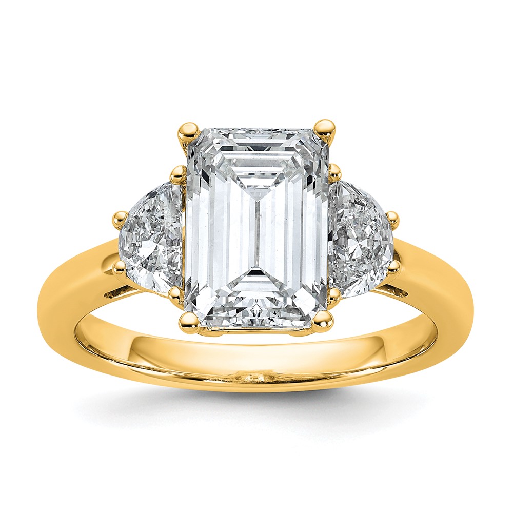 14K Yellow Gold 3.12 Carat Certified Lab Grown Diamond VS SI+ G+ Complete Emerald and Half Moon Three Stone Engagement Ring