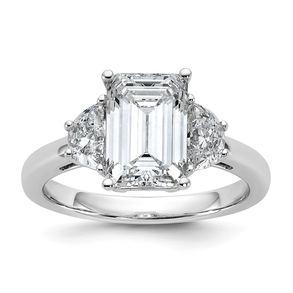 14K White Gold 0.62 Carat Lab Grown Diamond VS SI+ G+ Semi Mount Emerald and Half Moon Three Stone Engagement Ring