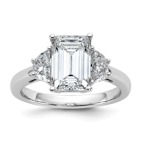 14K White Gold 0.62 Carat Lab Grown Diamond VS SI+ G+ Semi Mount Emerald and Half Moon Three Stone Engagement Ring