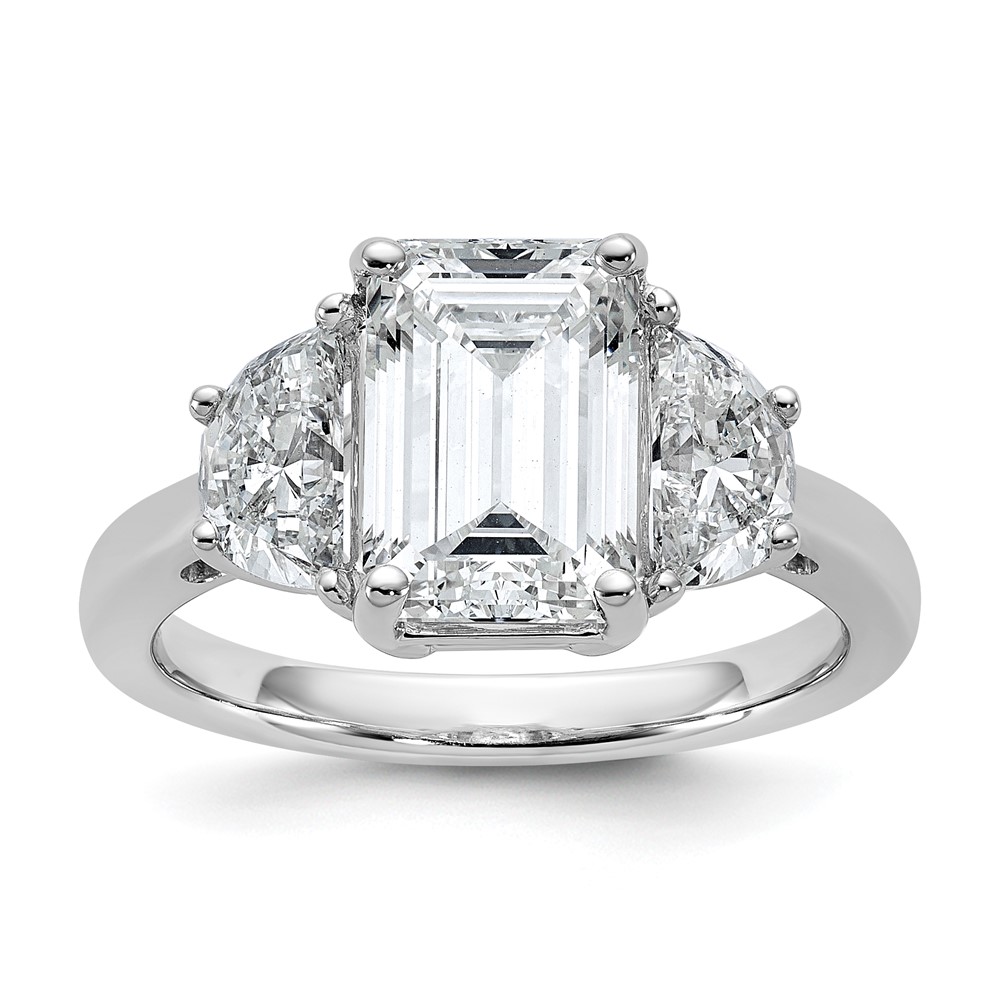 14K White Gold 4 Carat Certified Lab Grown Diamond VS SI+ G+ Complete Emerald and Half Moon Three Stone Engagement Ring