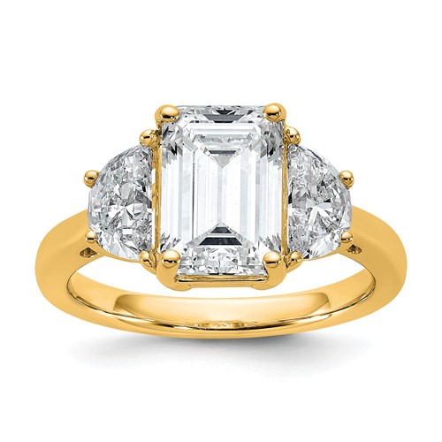 14K Yellow Gold 4 Carat Certified Lab Grown Diamond VS SI+ G+ Complete Emerald and Half Moon Three Stone Engagement Ring