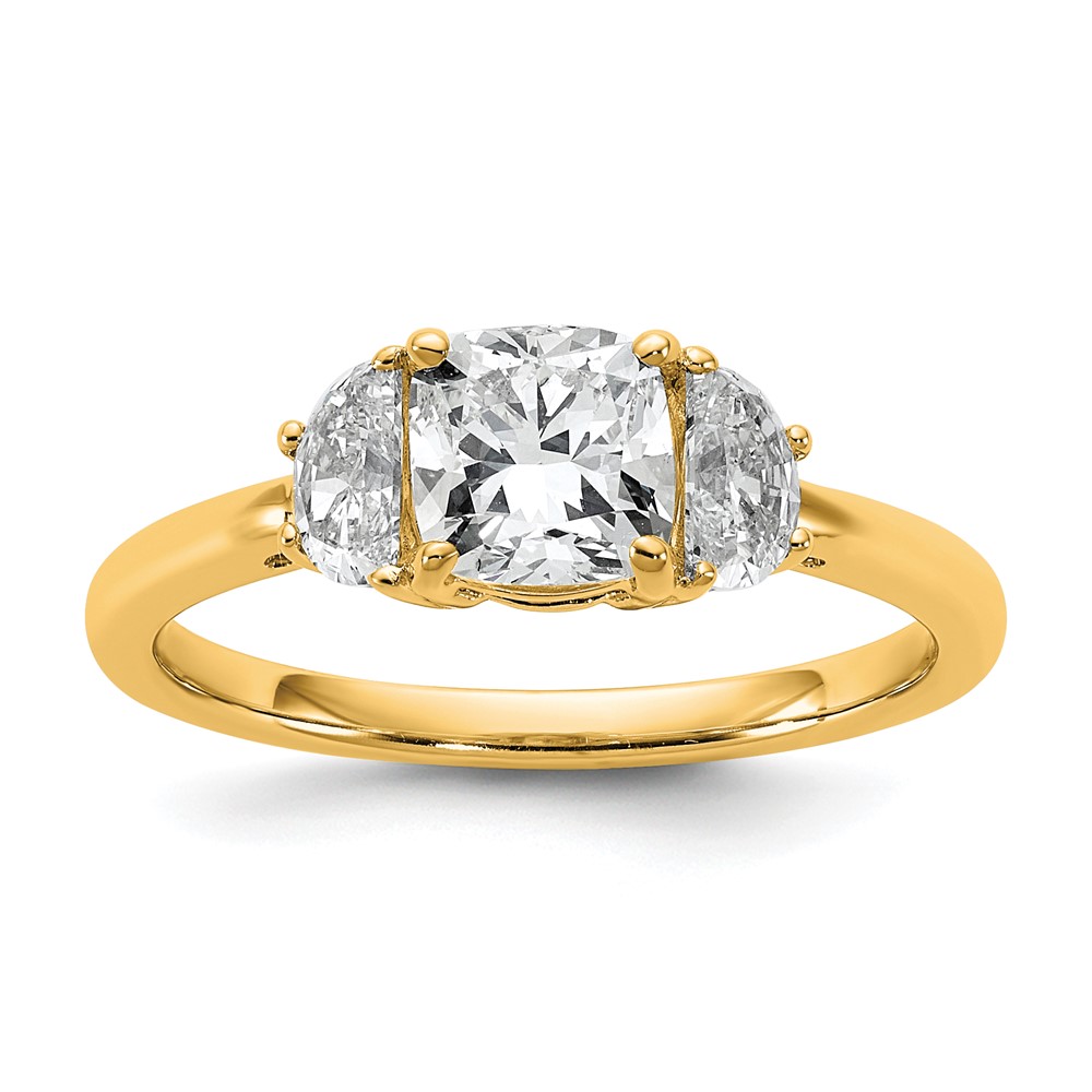 14K Yellow Gold 0.38 Carat Lab Grown Diamond VS+ F+ Half Moon and 1 Carat Cushion Center Semi Mount Three Stone Engagement Ring