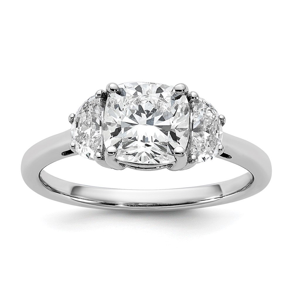 14K White Gold 2 Carat Certified Lab Grown Diamond VS SI+ G+ Complete Cushion and Half Moon Three Stone Engagement Ring