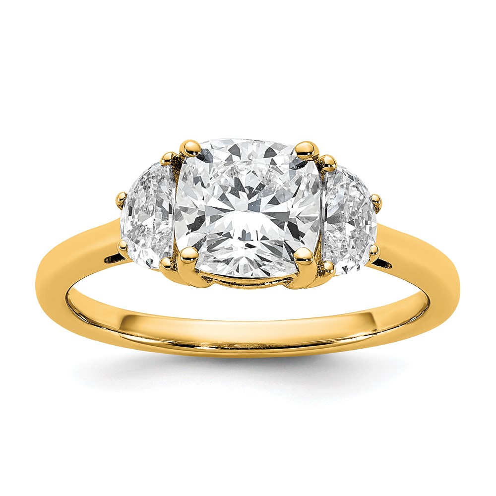 14K Yellow Gold 2 Carat Certified Lab Grown Diamond VS SI+ G+ Complete Cushion and Half Moon Three Stone Engagement Ring