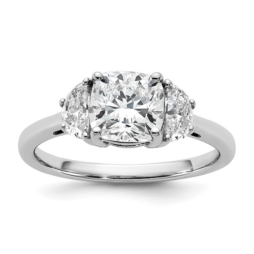 14K White Gold 0.50 Carat Lab Grown Diamond VS+ F+ Half Moon and 1.50 Carat Cushion Center Semi Mount Three Stone Engagement Ring