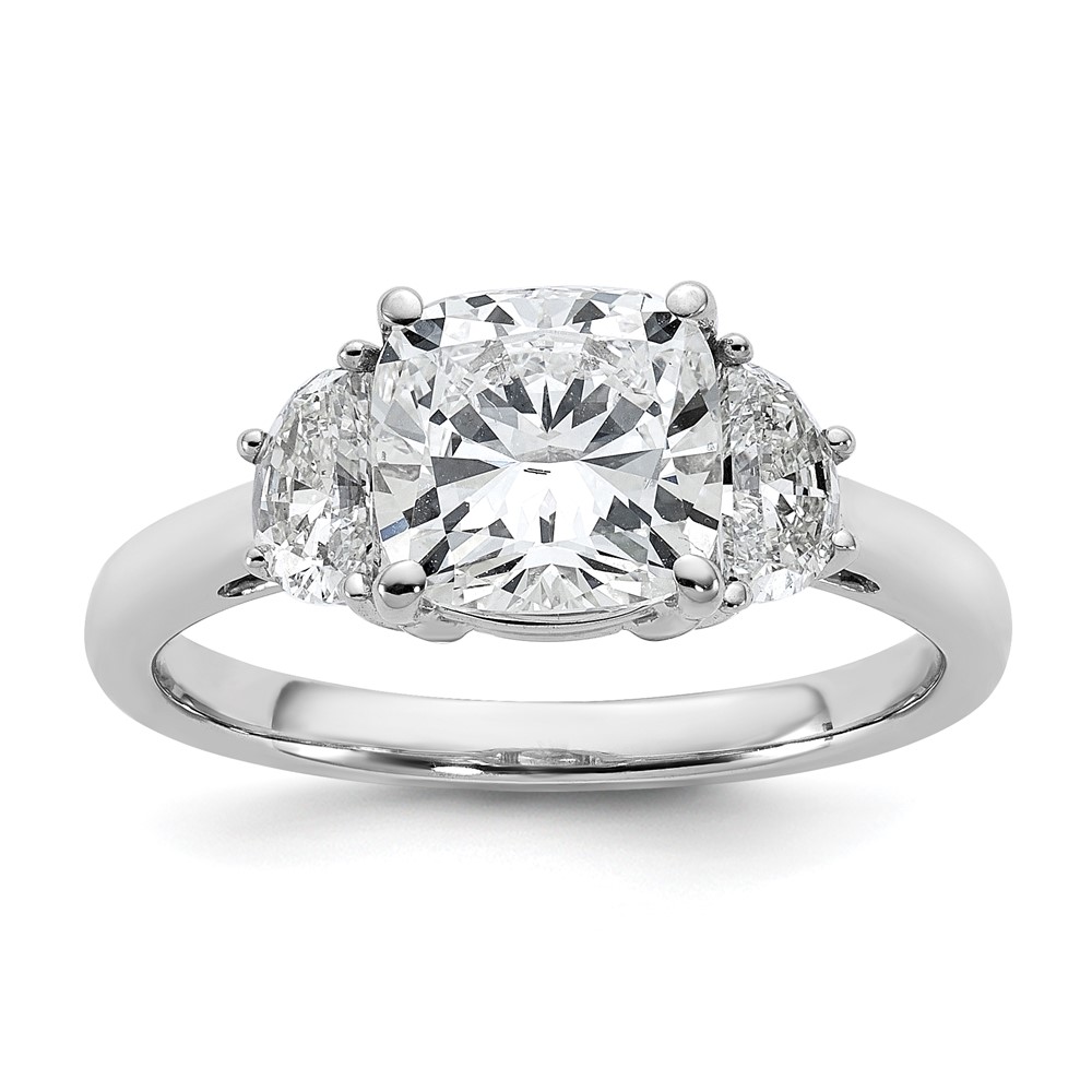 14K White Gold 2.50 Carat Certified Lab Grown Diamond VS+ F+ Complete Cushion and Half Moon Three Stone Engagement Ring