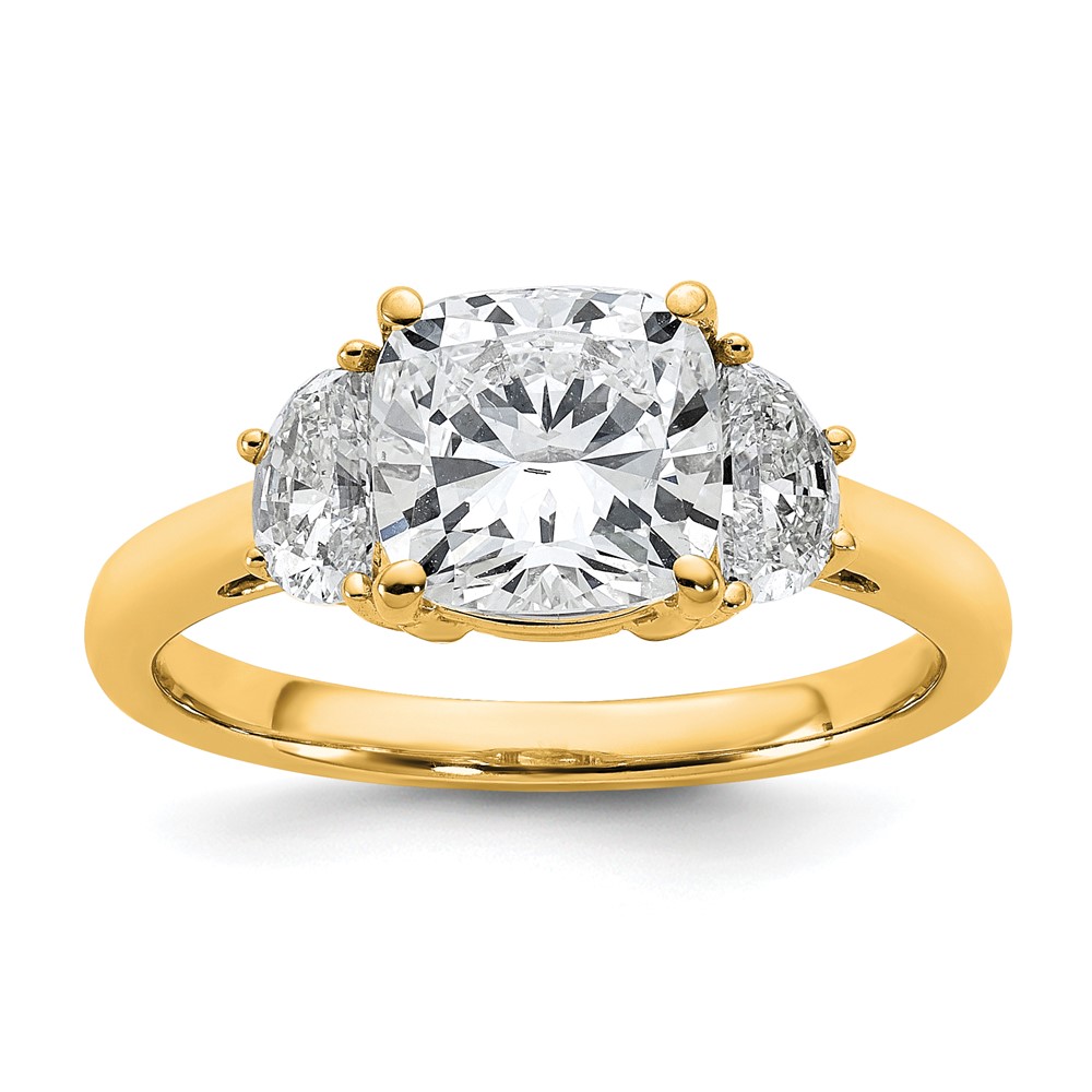 14K Yellow Gold 2.50 Carat Certified Lab Grown Diamond VS+ F+ Complete Cushion and Half Moon Three Stone Engagement Ring