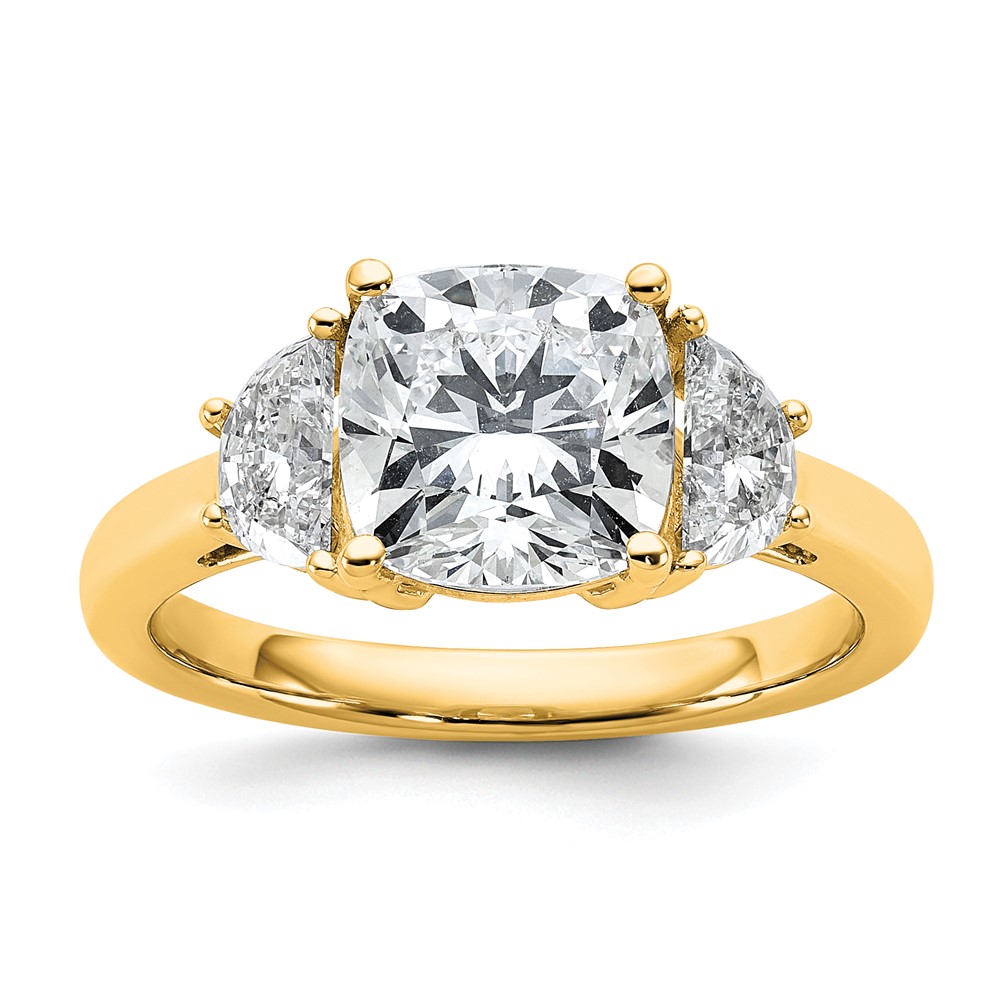 14K Yellow Gold 0.62 Carat Lab Grown Diamond VS+ F+ Half Moon and 2.50 Carat Cushion Center Semi Mount Three Stone Engagement Ring