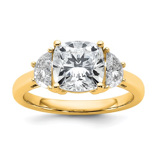 14K Yellow Gold 0.62 Carat Lab Grown Diamond VS SI+ G+ Half Moon and 2.50 Carat Cushion Center Semi Mount Three Stone Engagement Ring