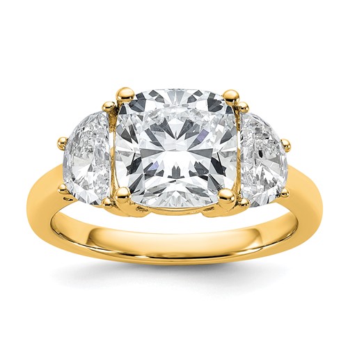 14K Yellow Gold 4 Carat Certified Lab Grown Diamond VS+ F+ Complete Cushion and Half Moon Three Stone Engagement Ring