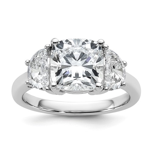 14K White Gold 1 Carat Lab Grown Diamond VS SI+ G+ Half Moon and 3 Carat Cushion Center Semi Mount Three Stone Engagement Ring