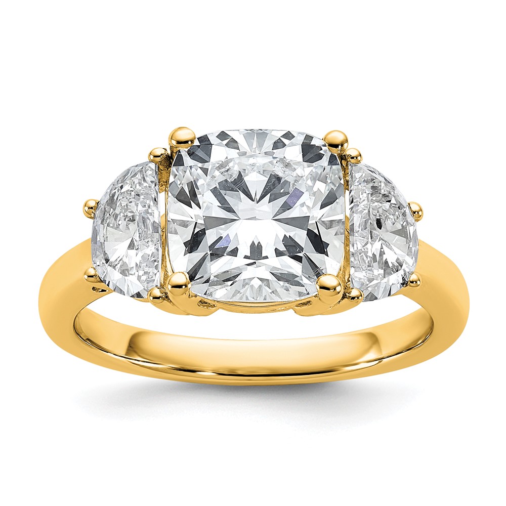 14K Yellow Gold 1 Carat Lab Grown Diamond VS SI+ G+ Half Moon and 3 Carat Cushion Center Semi Mount Three Stone Engagement Ring