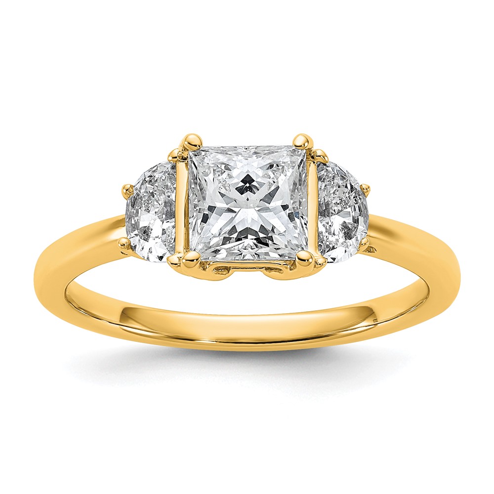14K Yellow Gold 1.38 Carat Certified Lab Grown Diamond VS+ F+ Princess and Half Moon Complete Three Stone Engagement Ring