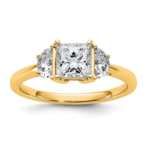14K Yellow Gold 0.38 Carat Lab Grown Diamond VS SI+ G+ Half Moon 1 Carat Princess Center Semi Mount Three Stone Engagement Ring