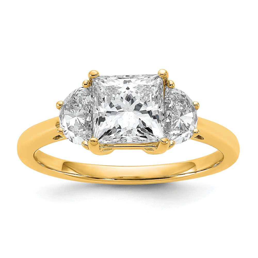 14K Yellow Gold 2 Carat Certified Lab Grown Diamond VS+ F+ Princess and Half Moon Complete Three Stone Engagement Ring