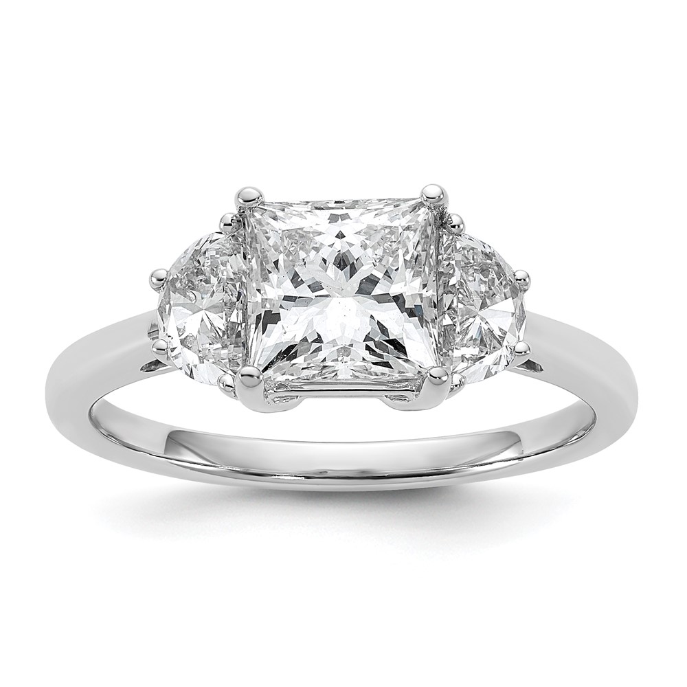 14K White Gold 0.50 Carat Lab Grown Diamond VS+ F+ Half Moon 1.50 Carat Princess Center Semi Mount Three Stone Engagement Ring