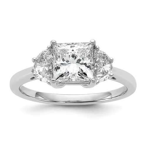 14K White Gold 0.50 Carat Lab Grown Diamond VS SI+ G+ Half Moon 1.50 Carat Princess Center Semi Mount Three Stone Engagement Ring