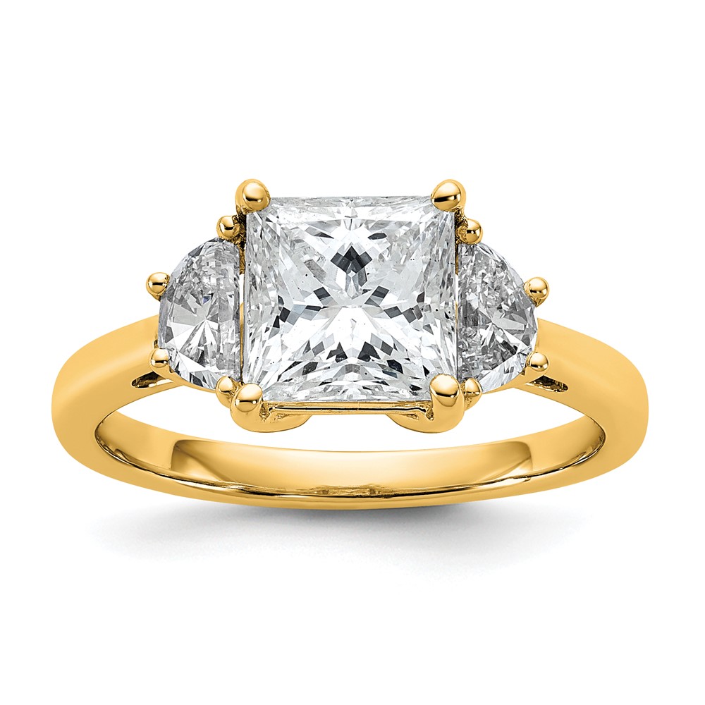 14K Yellow Gold 2.50 Carat Certified Lab Grown Diamond VS SI+ G+ Princess and Half Moon Complete Three Stone Engagement Ring