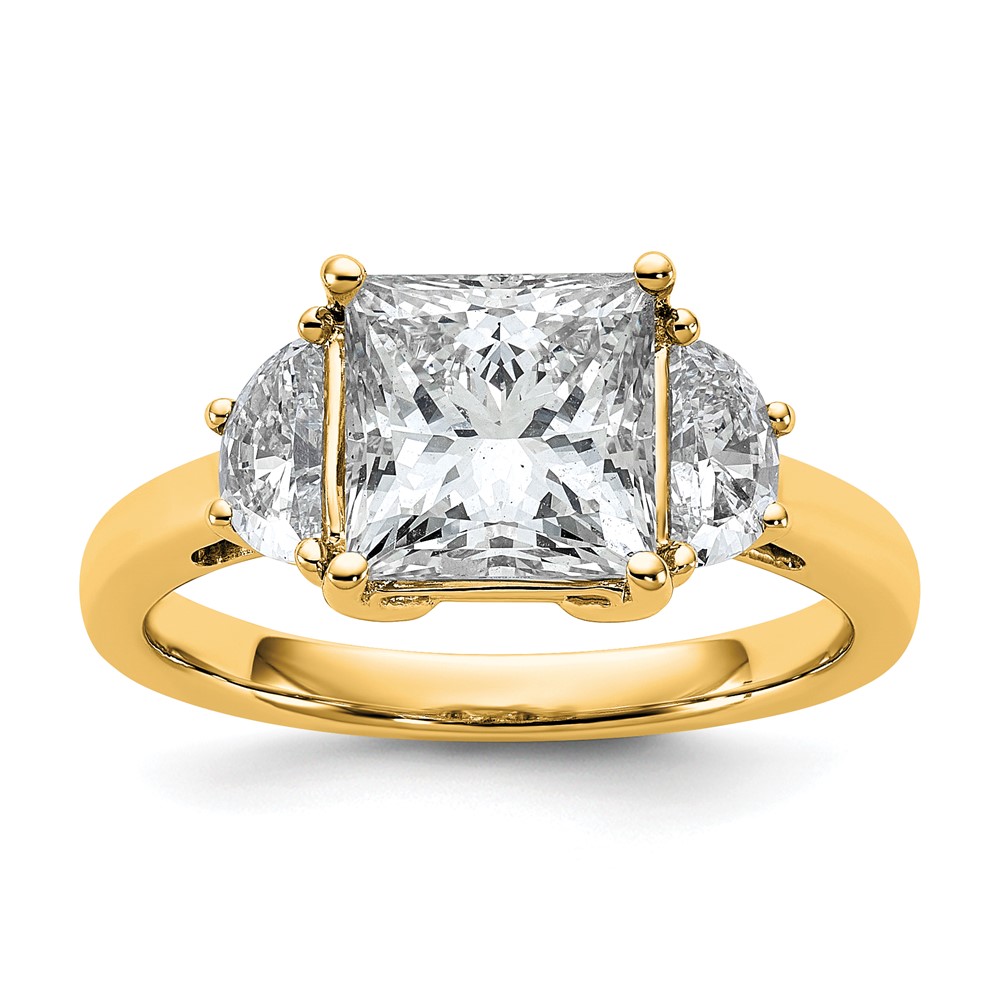 14K Yellow Gold 0.62 Carat Lab Grown Diamond VS SI+ G+ Half Moon 2.50 Carat Princess Center Semi Mount Three Stone Engagement Ring