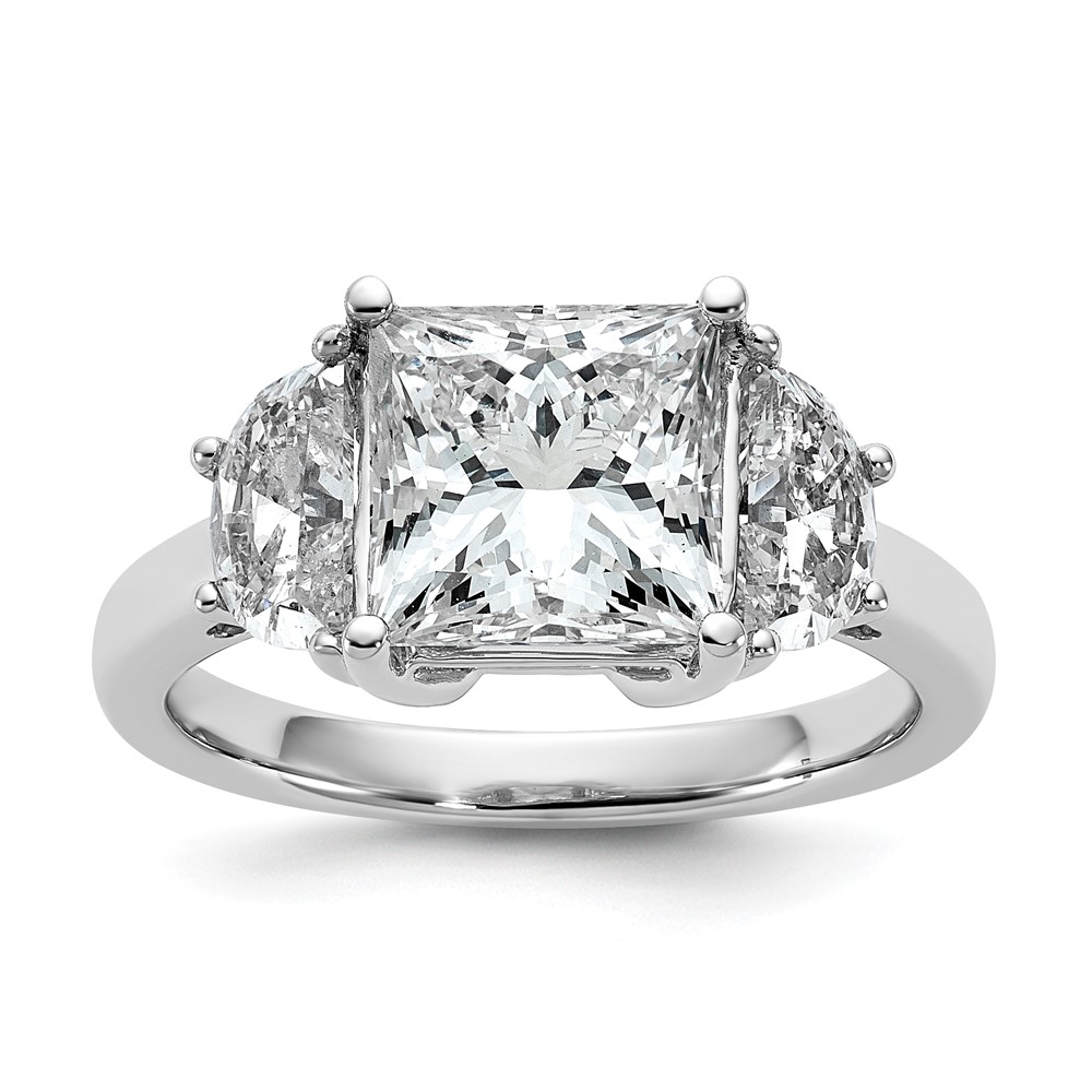 14K White Gold 1 Carat Lab Grown Diamond VS SI+ G+ Half Moon 3 Carat Princess Center Semi Mount Three Stone Engagement Ring