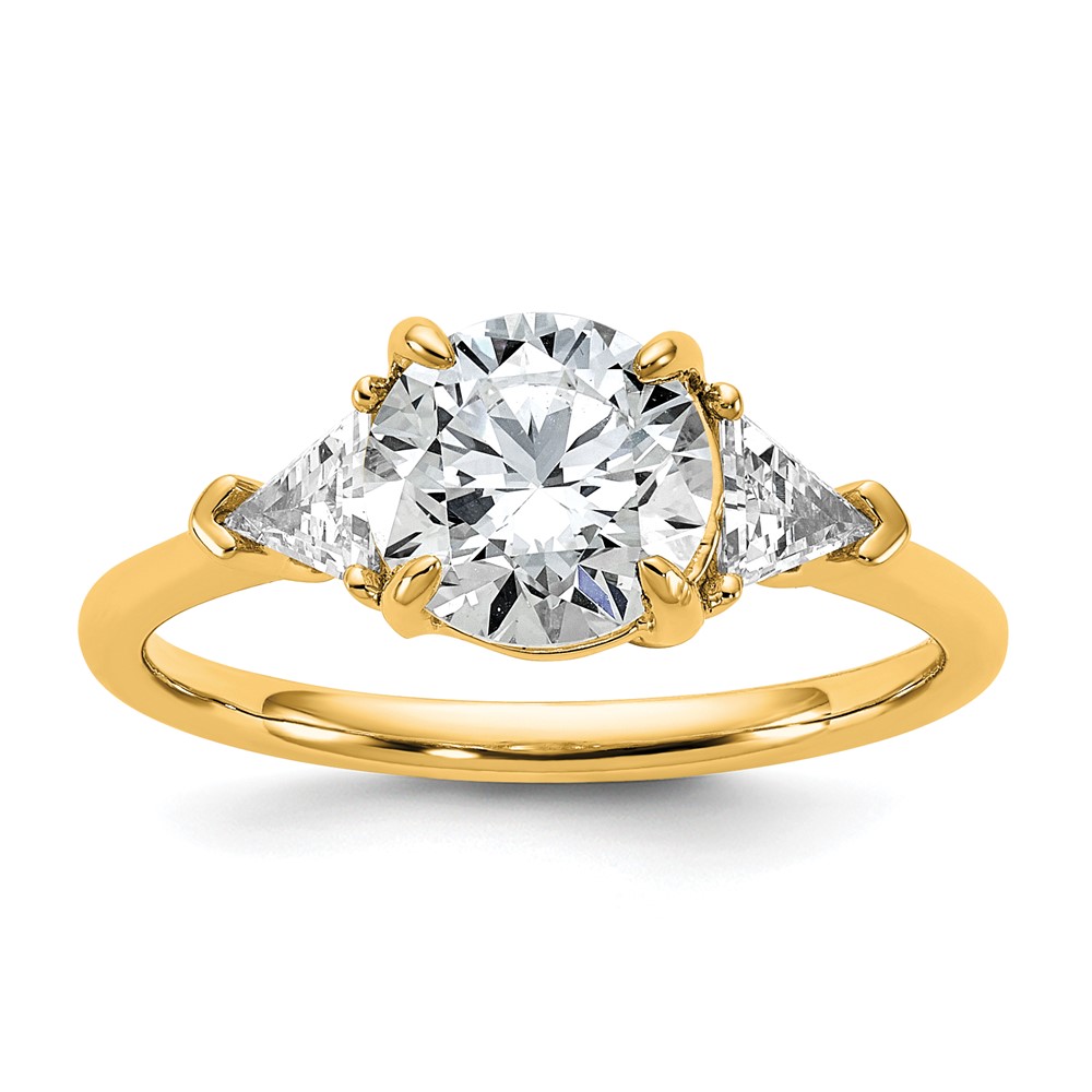 14K Yellow Gold 2 Carat Certified Lab Grown Diamond VS+ F+ Round and Triangle Complete Three Stone Engagement Ring