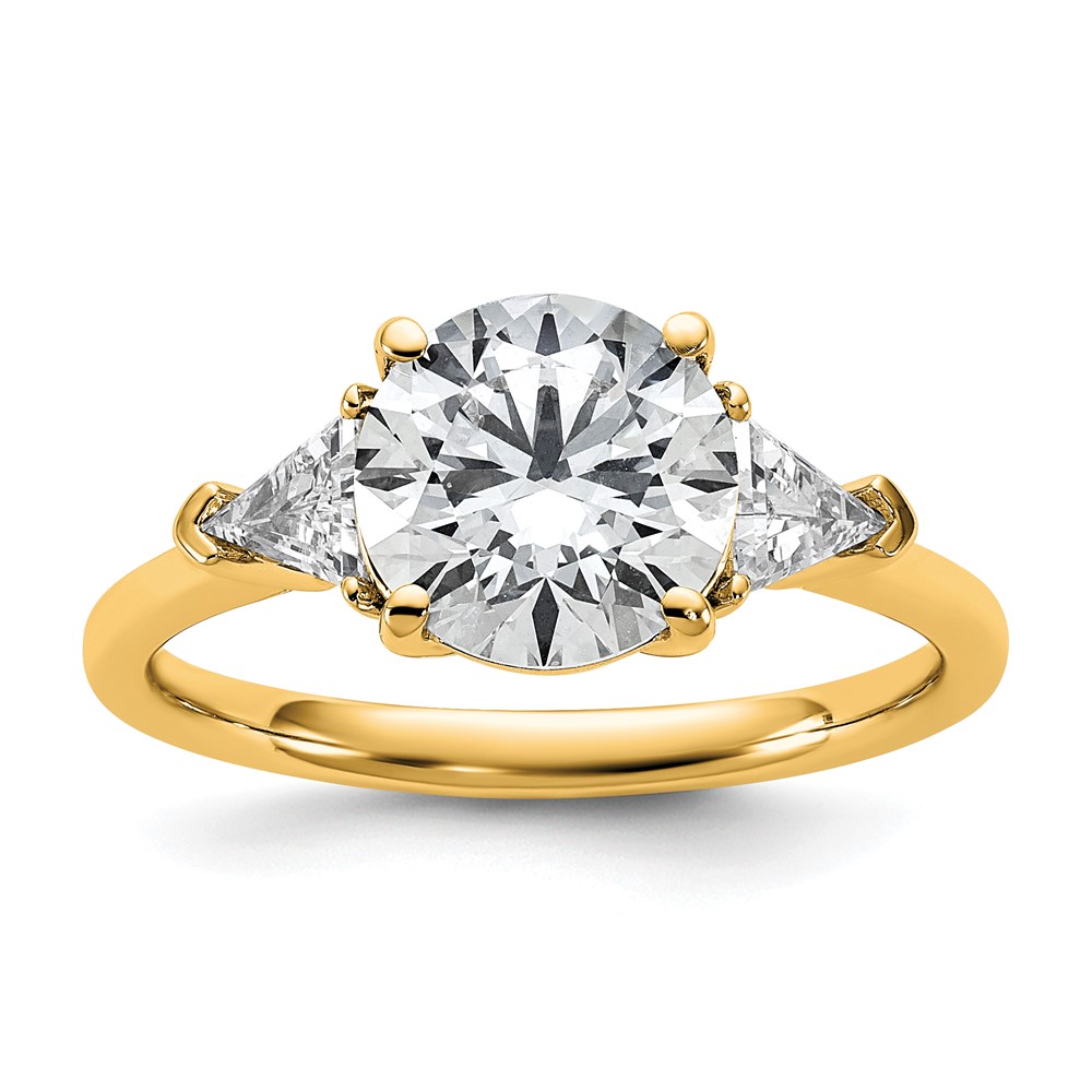 14K Yellow Gold 0.50 Carat Lab Grown Diamond VS+ F+ Triangle 2 Carat Round Semi Mount Three Stone Engagement Ring