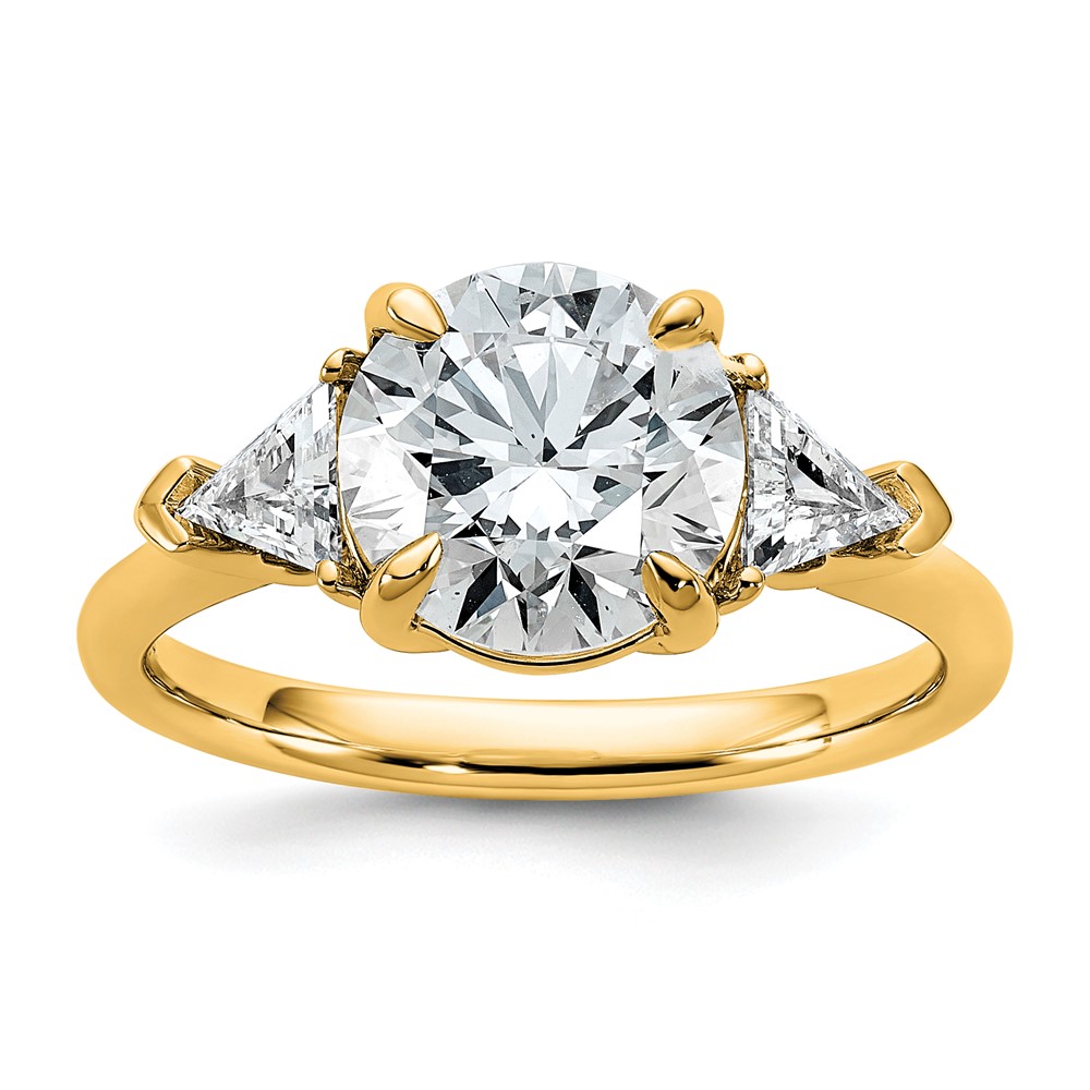 14K Yellow Gold 0.62 Carat Lab Grown Diamond VS+ F+ Triangle 2.50 Carat Round Semi Mount Three Stone Engagement Ring
