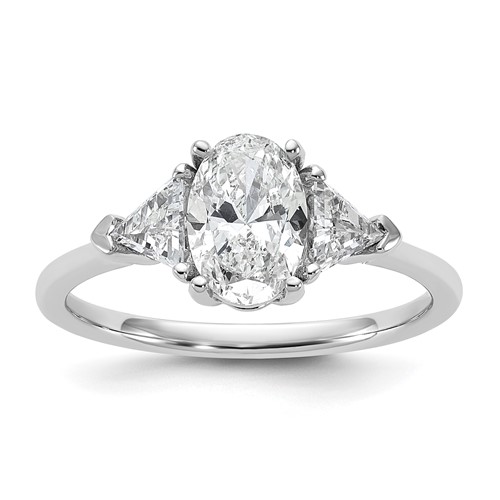 14K White Gold 0.50 Carat Lab Grown Diamond VS+ F+ Trillion and 1 Carat Oval Center Semi Mount Three Stone Engagement Ring