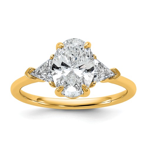 14K Yellow Gold 0.50 Carat Lab Grown Diamond VS+ F+ Trillion and 1.50 Carat Oval Center Semi Mount Three Stone Engagement Ring