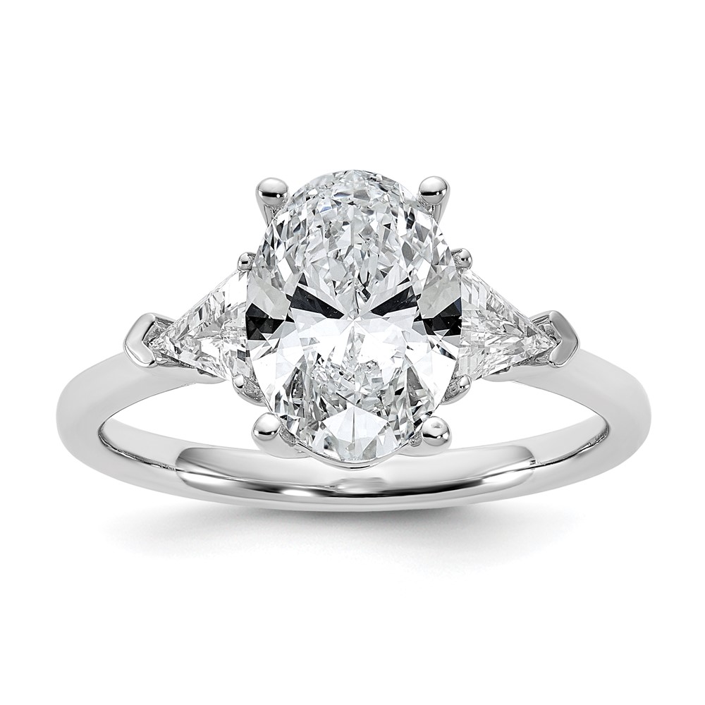 14K White Gold 0.50 Carat Lab Grown Diamond VS SI+ G+ Trillion and 2 Carat Oval Center Semi Mount Three Stone Engagement Ring