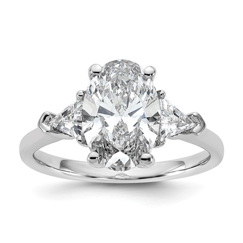 14K White Gold 0.62 Carat Lab Grown Diamond VS+ F+ Trillion and 2.50 Carat Oval Center Semi Mount Three Stone Engagement Ring