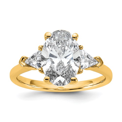 14K Yellow Gold 0.62 Carat Lab Grown Diamond VS SI+ G+ Trillion and 2.50 Carat Oval Center Semi Mount Three Stone Engagement Ring