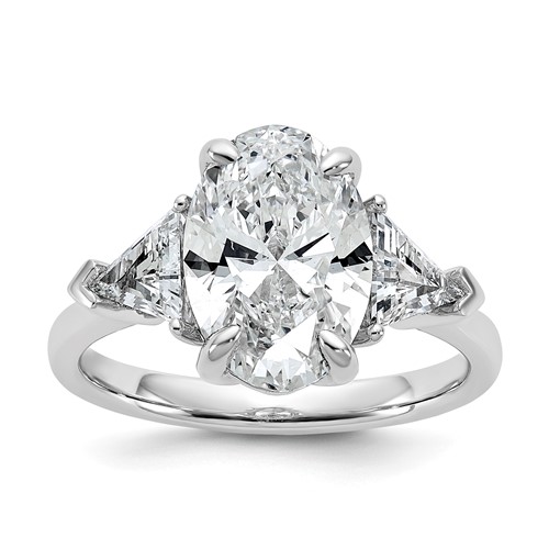 14K White Gold 1.12 Carat Lab Grown Diamond VS SI+ G+ Trillion and 3 Carat Oval Center Semi Mount Three Stone Engagement Ring