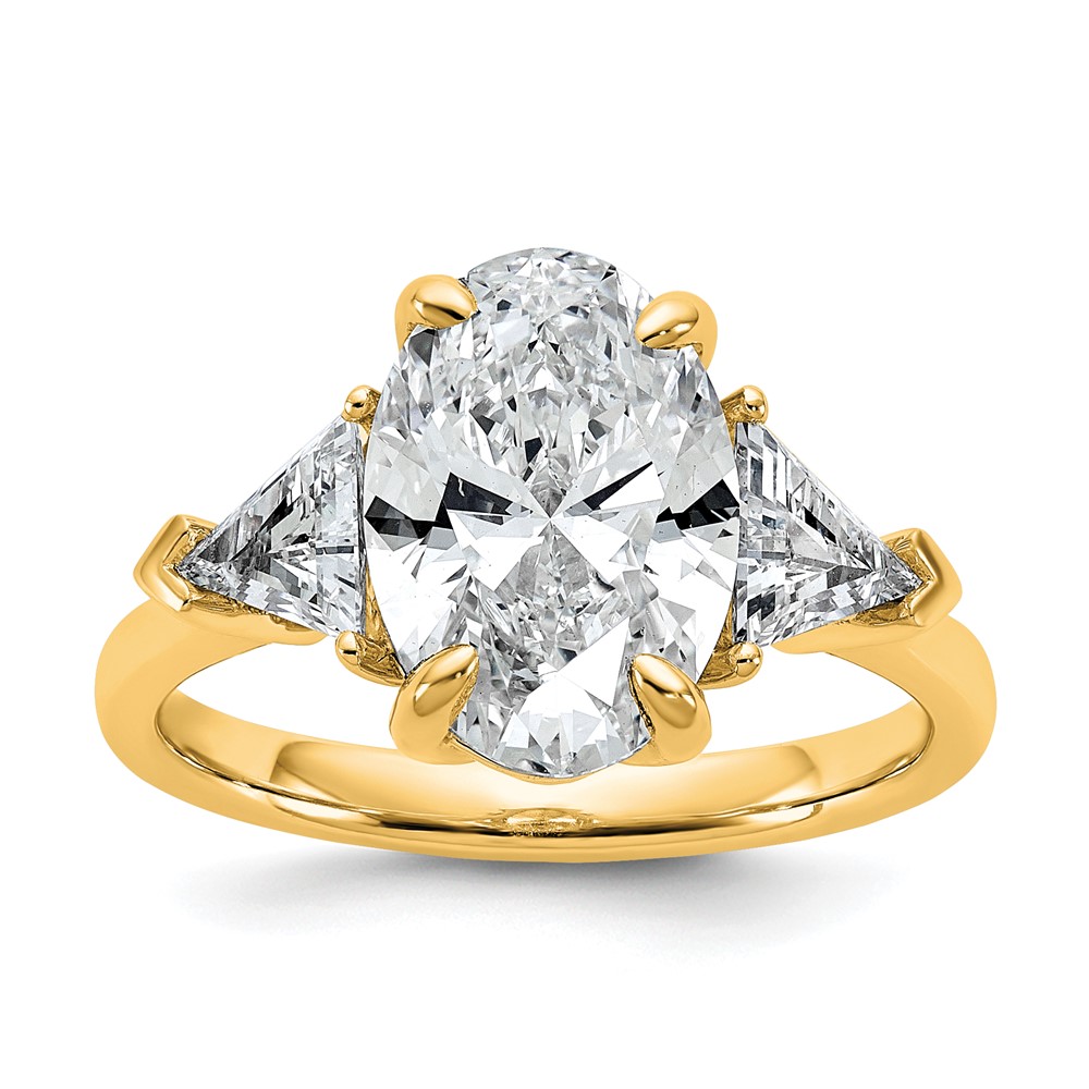 14K Yellow Gold 1.12 Carat Lab Grown Diamond VS+ F+ Trillion and 3 Carat Oval Center Semi Mount Three Stone Engagement Ring