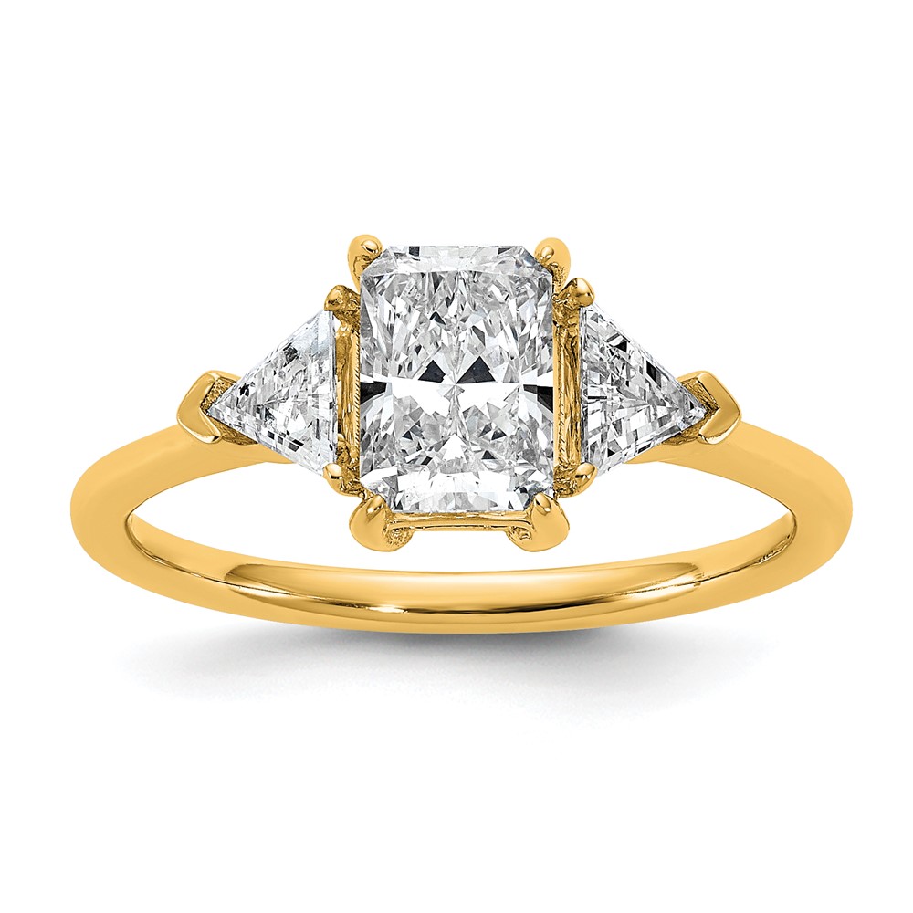 14K Yellow Gold 0.38 Carat Lab Grown Diamond VS SI+ G+ Triangle 1 Carat Radiant Center Semi Mount Three Stone Engagement Ring