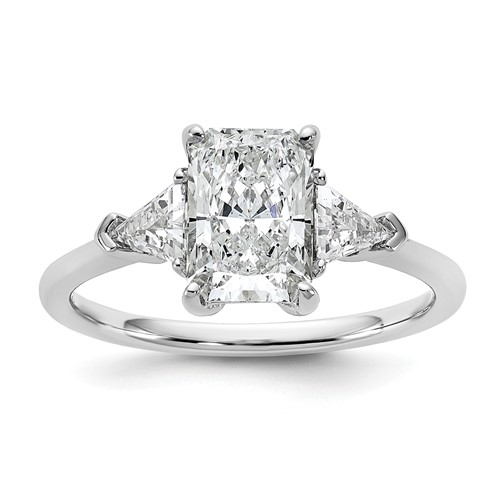 14K White Gold 2 Carat Certified Lab Grown Diamond VS SI+ G+ Radiant and Triangle Complete Three Stone Engagement Ring