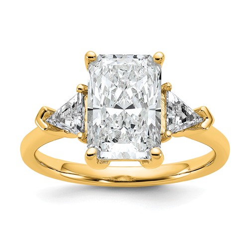 14K Yellow Gold 0.62 Carat Lab Grown Diamond VS+ F+ Triangle 2.50 Carat Radiant Center Semi Mount Three Stone Engagement Ring