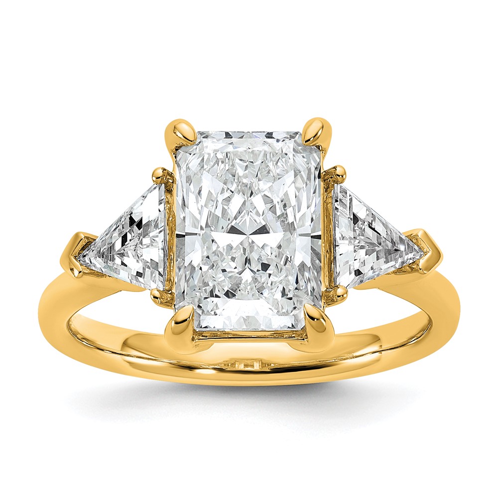 14K Yellow Gold 3.62 Carat Certified Lab Grown Diamond VS SI+ G+ Radiant and Triangle Complete Three Stone Engagement Ring