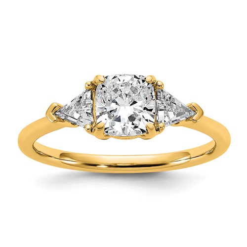 14K Yellow Gold 1.50 Carat Certified Lab Grown Diamond VS+ F+ Cushion and Triangle Complete Three Stone Engagement Ring