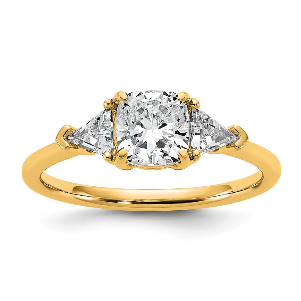 14K Yellow Gold 0.50 Carat Lab Grown Diamond VS SI+ G+ Triangle 1 Carat Cushion Center Semi Mount Three Stone Engagement Ring