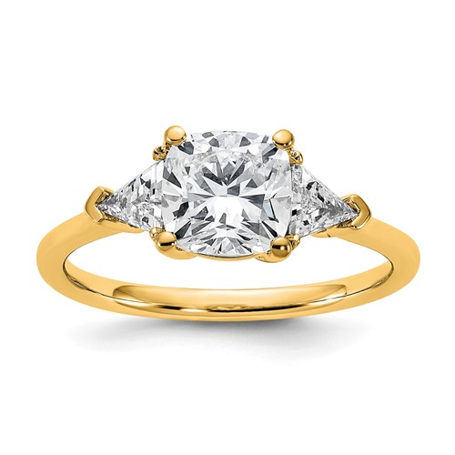 14K Yellow Gold 0.50 Carat Lab Grown Diamond VS+ F+ Triangle 1.50 Carat Cushion Center Semi Mount Three Stone Engagement Ring