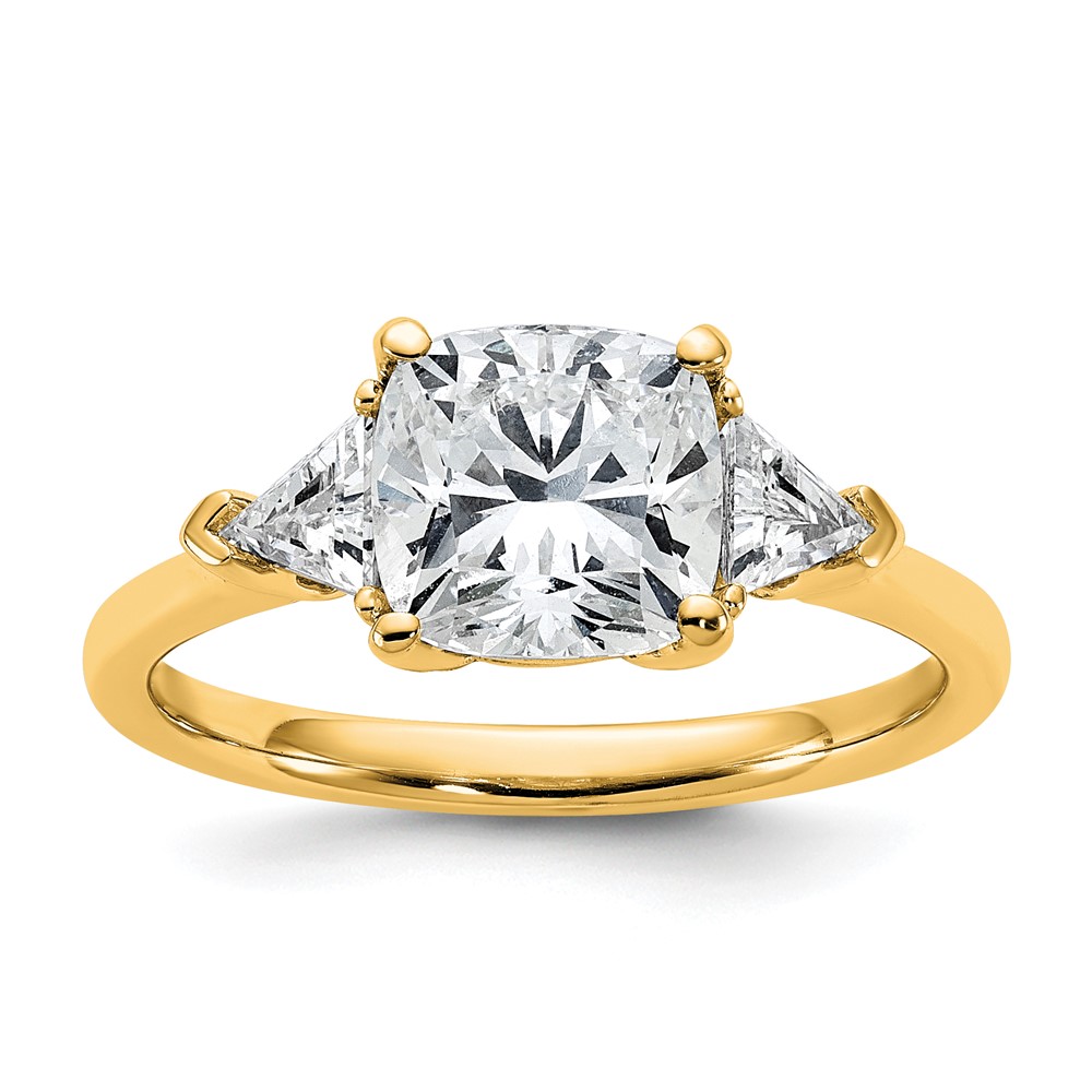 14K Yellow Gold 0.50 Carat Lab Grown Diamond VS+ F+ Triangle 2 Carat Cushion Center Semi Mount Three Stone Engagement Ring