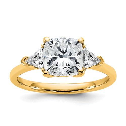 14K Yellow Gold 0.50 Carat Lab Grown Diamond VS+ F+ Triangle 2 Carat Cushion Center Semi Mount Three Stone Engagement Ring