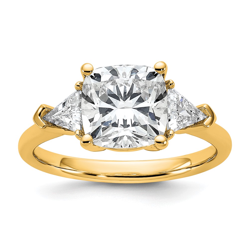 14K Yellow Gold 0.62 Carat Lab Grown Diamond VS SI+ G+ Triangle 2.50 Carat Cushion Center Semi Mount Three Stone Engagement Ring